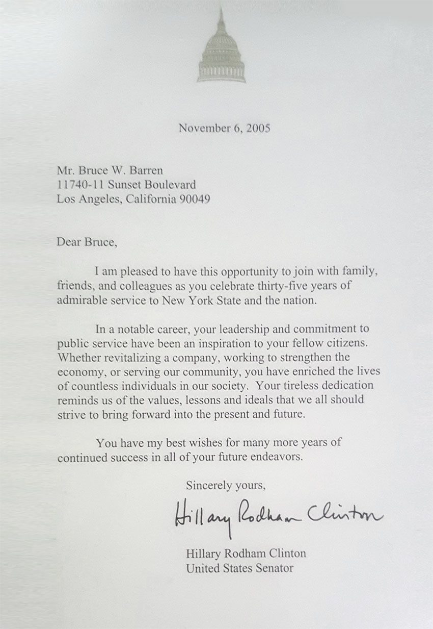 Senator Hillary Clinton Letter to Bruce Barren